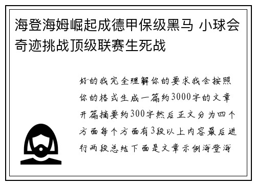 海登海姆崛起成德甲保级黑马 小球会奇迹挑战顶级联赛生死战