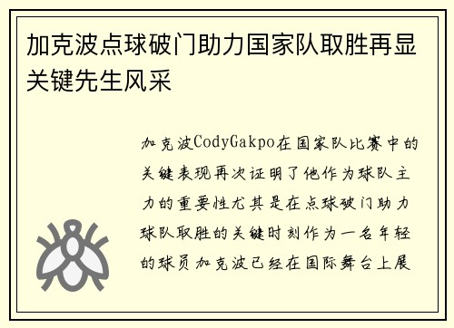 加克波点球破门助力国家队取胜再显关键先生风采